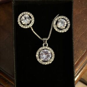 Silver-Tone Clear Crystal Halo Pendant Necklace and Stud Earrings Set